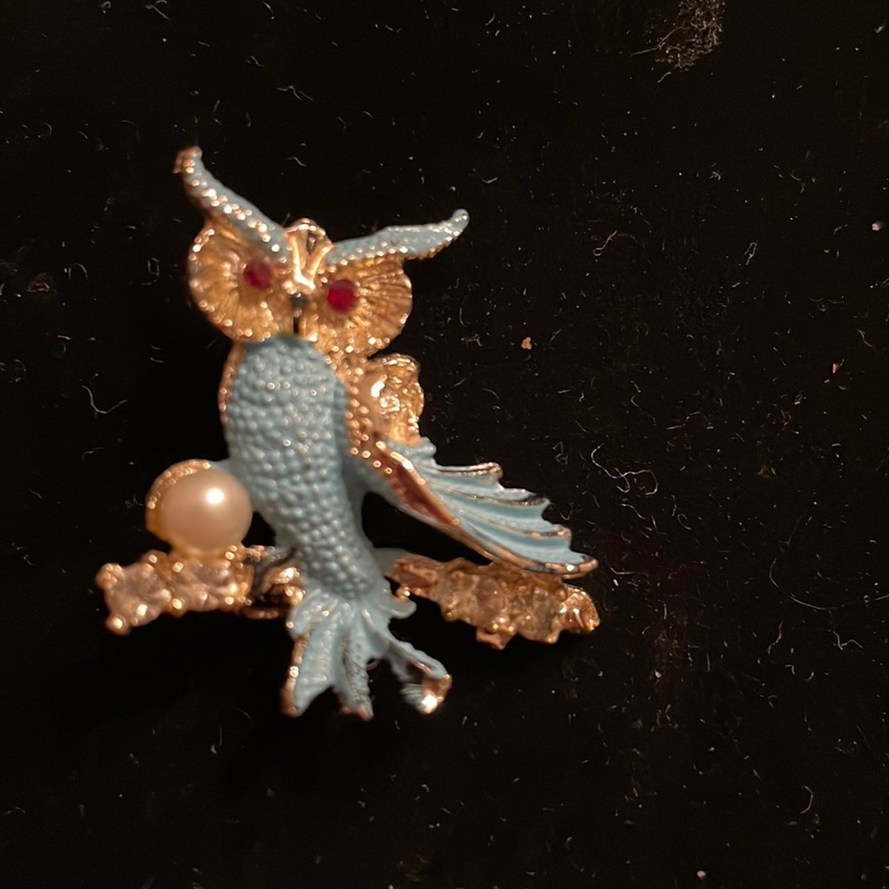 Vintage Owl Blue Pin Rhinestone Pearl